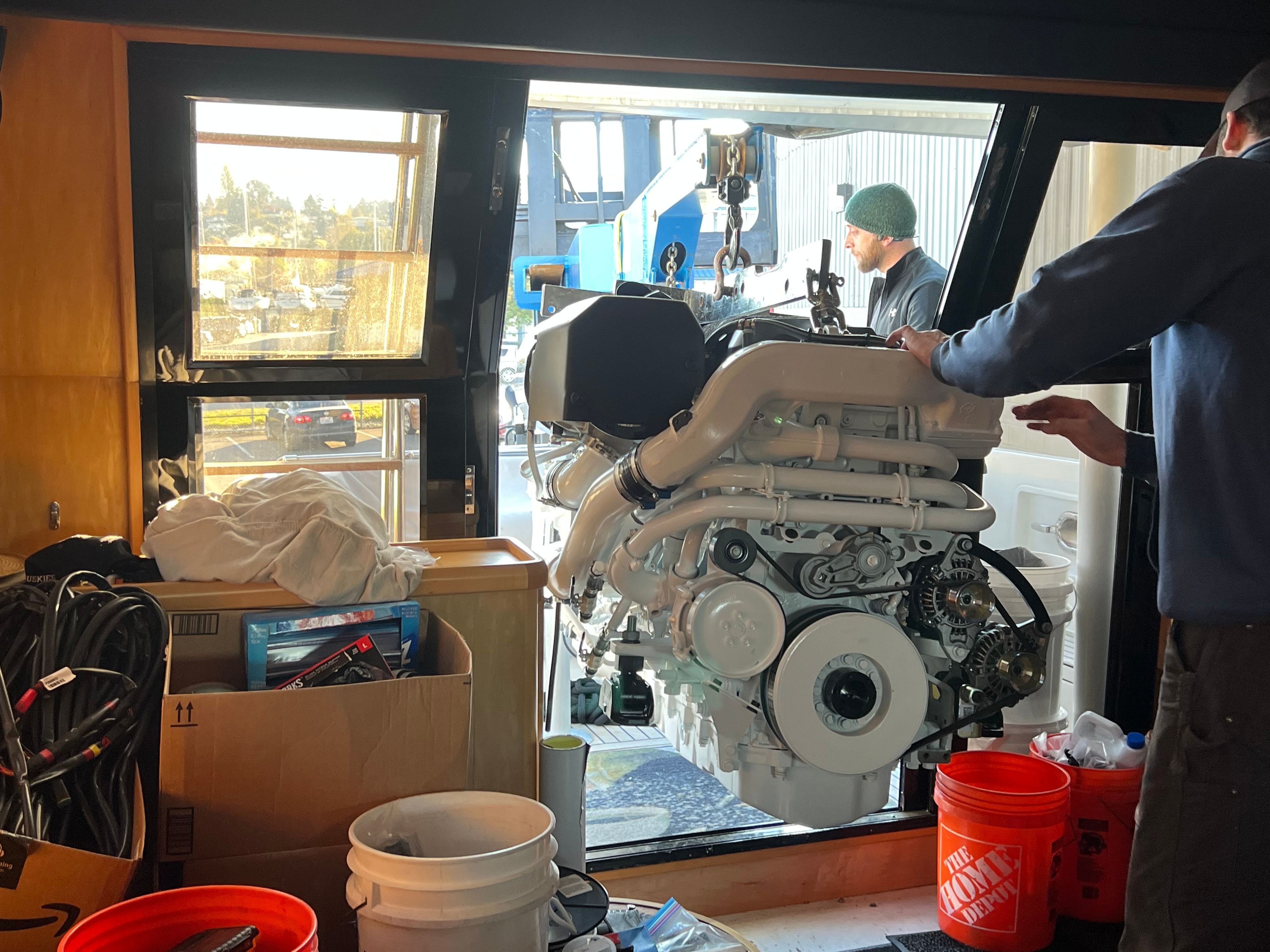 Marine diesel engine installation viewed from cabin interior