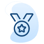 Illustration of a blue medal with a star in the center on a matching abstract blue background shape.